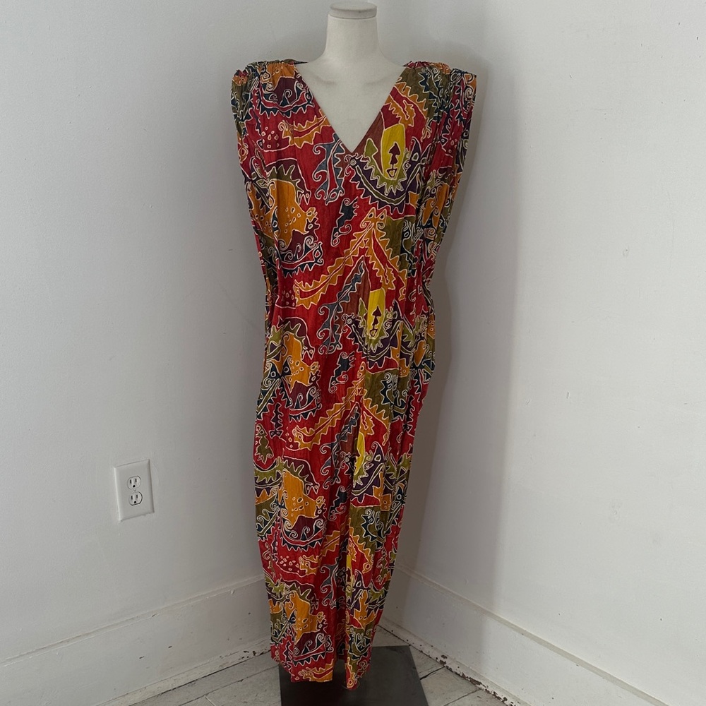 Peruvian Connection Cotton Abstract Printed Maxi V Neck Dress